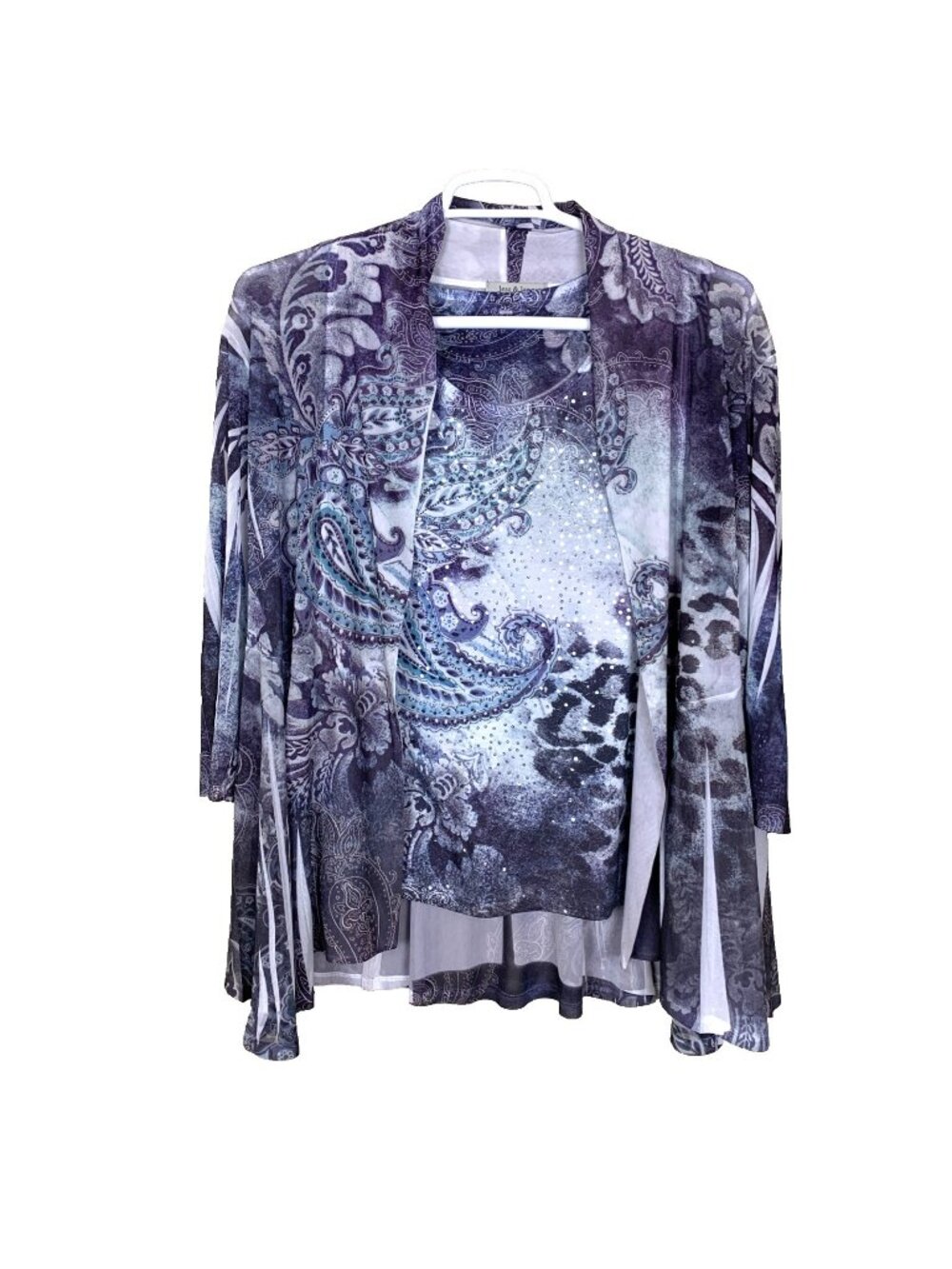 Jess & Jane Womens XL Twin Set Cardigan Tank Purple Paisley Mesh Sequin Boho Art